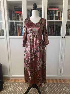 April Cornell Rose and Green Velvet Floral Maxi Dress